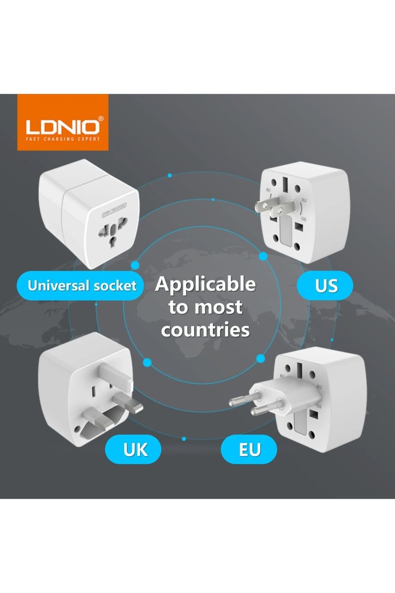LDNIO Z4 Universal Plug Adapter ABS VO With UK/EU/US/AU Pin & 2 Universal Socket (6A) - White - Image 3